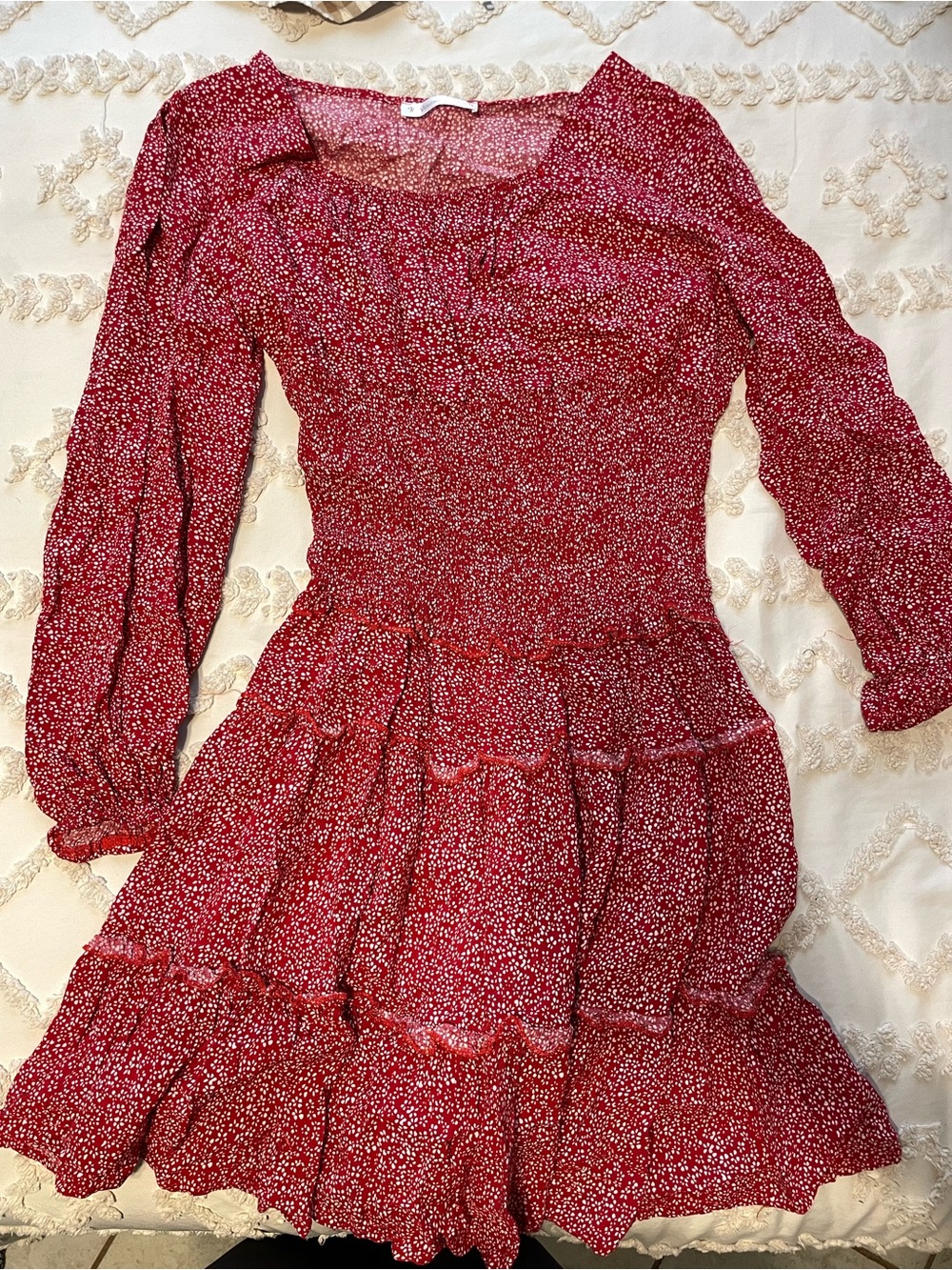Smocked Red Floral Long-Sleeve Tiered Short Dress